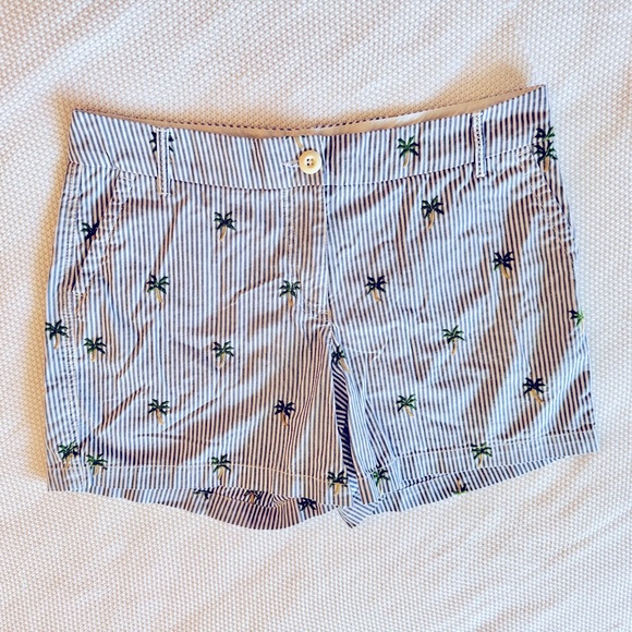 CROWN & IVY High Waisted Blue & White Striped Shorts w Embroidered Palm Trees - Picture 2 of 13
